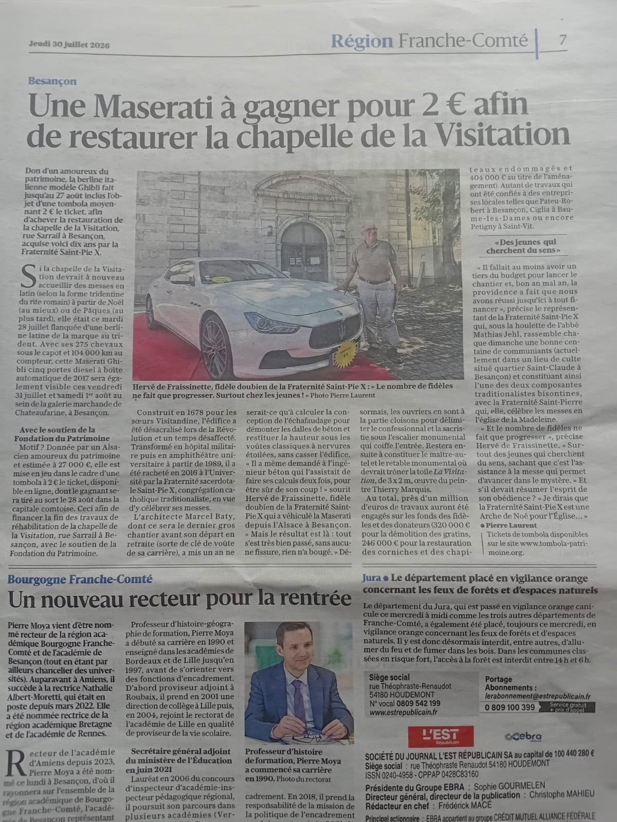 Article en page 7 de L’Est Républicain : « Une Maserati à gagner pour 2 € afin de restaurer la chapelle de la Visitation »