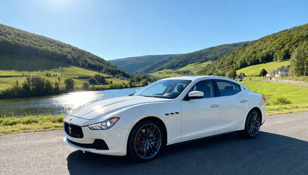Maserati Ghibli blanche mise en jeu, au bord d'un lac du Doubs