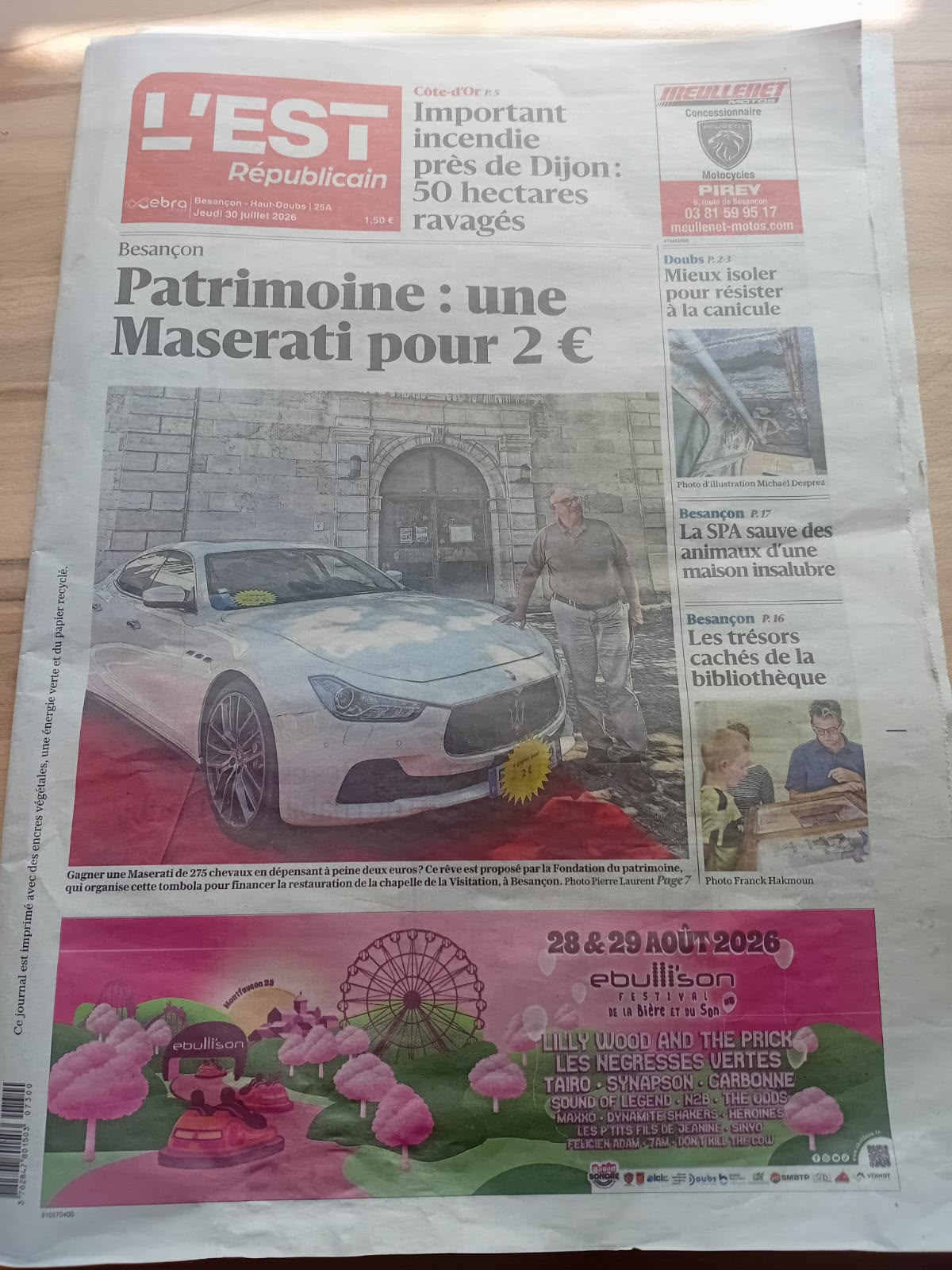 Une de L’Est Républicain du 30 juillet 2026 : « Patrimoine : une Maserati pour 2 € »